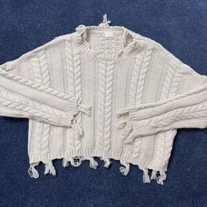 Altar'd State Sweater Womens Extra Small Cream Cable Knit Distressed Fringe
